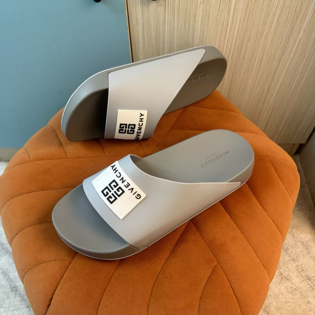 Gray Slide Slippers with Embossed Sole - Back view