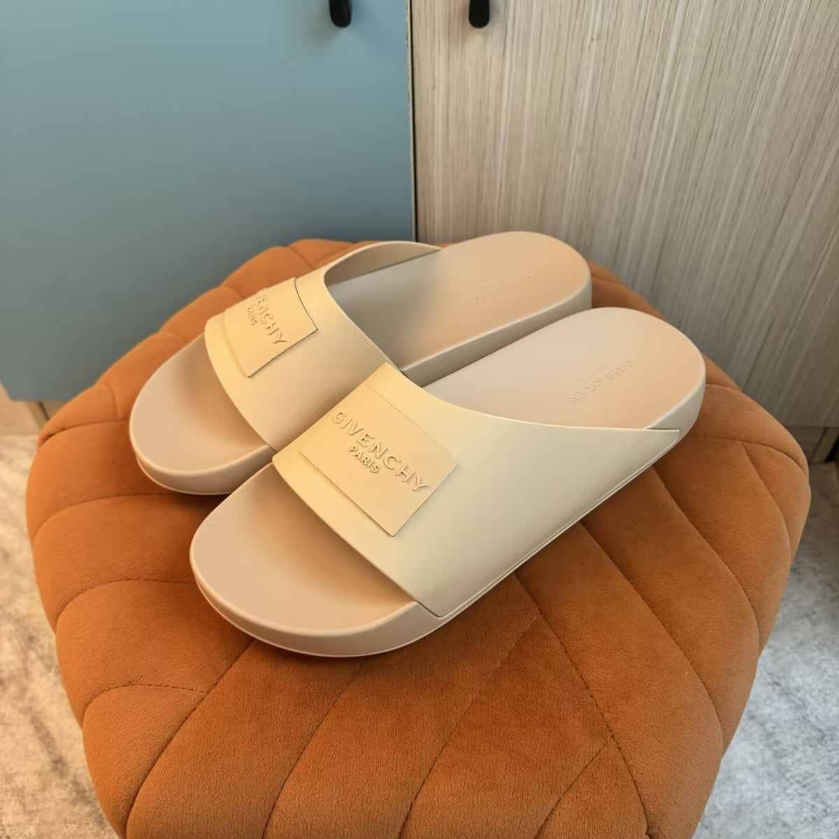 Beige Slide-On Slippers with Quilted Upper - Left side view