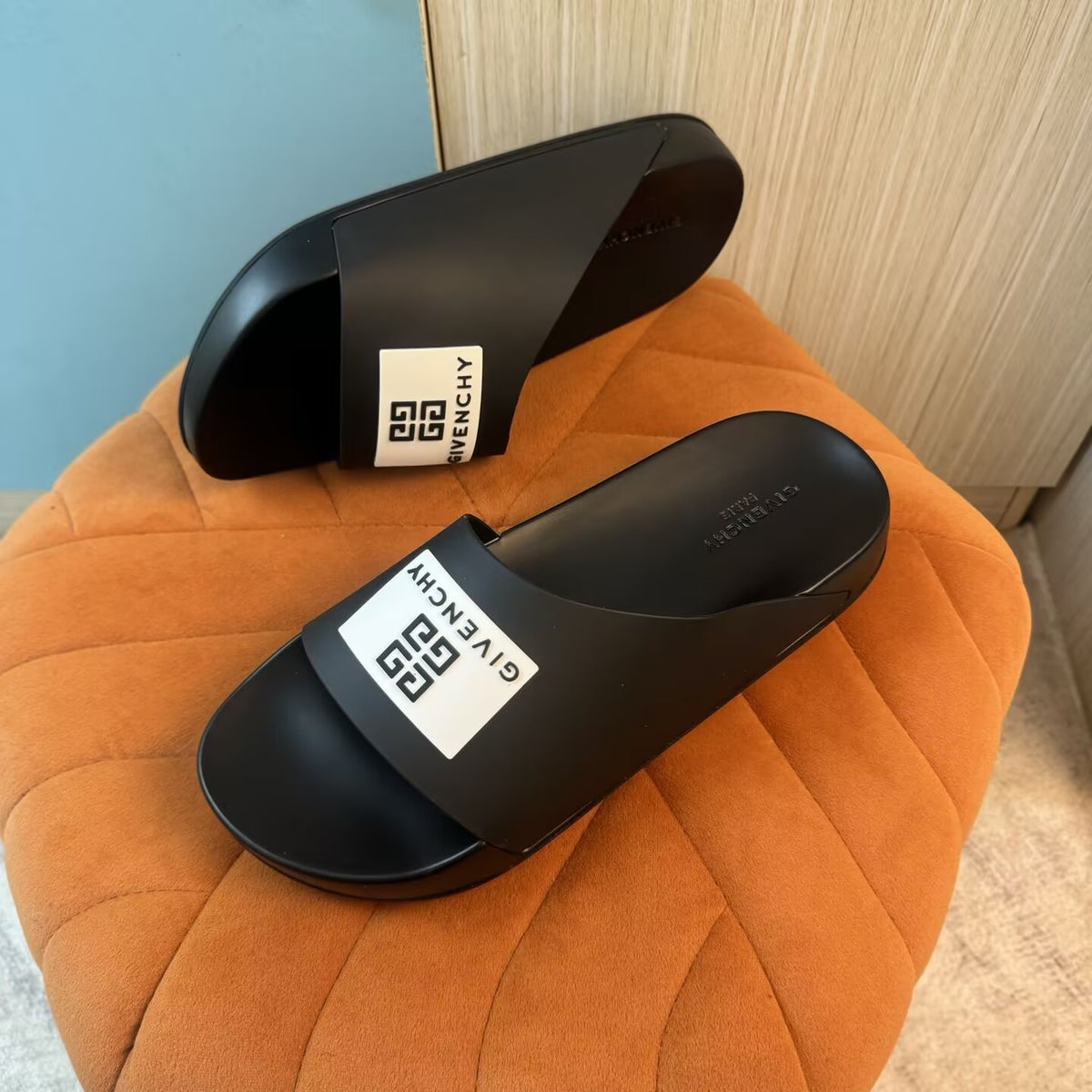 Black Slide Sandals with Orange Accent - Left side view