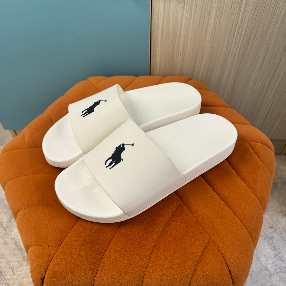 White Slide Sandals with Embossed Logo - Left side view