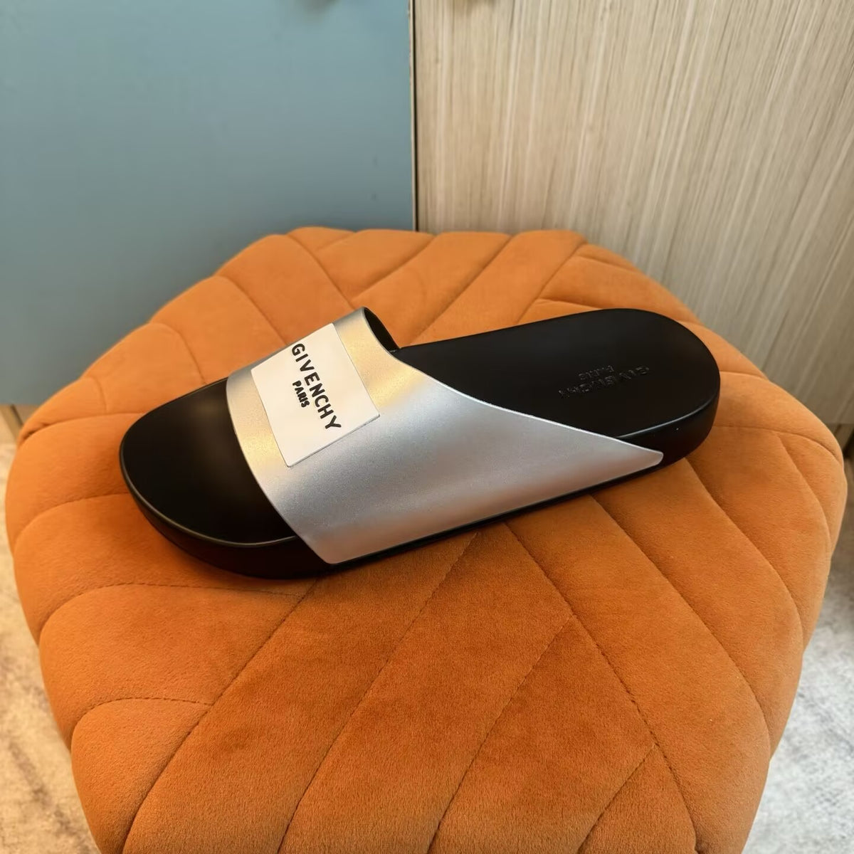 Black Slide Sandals with Silver Strap - Left side view