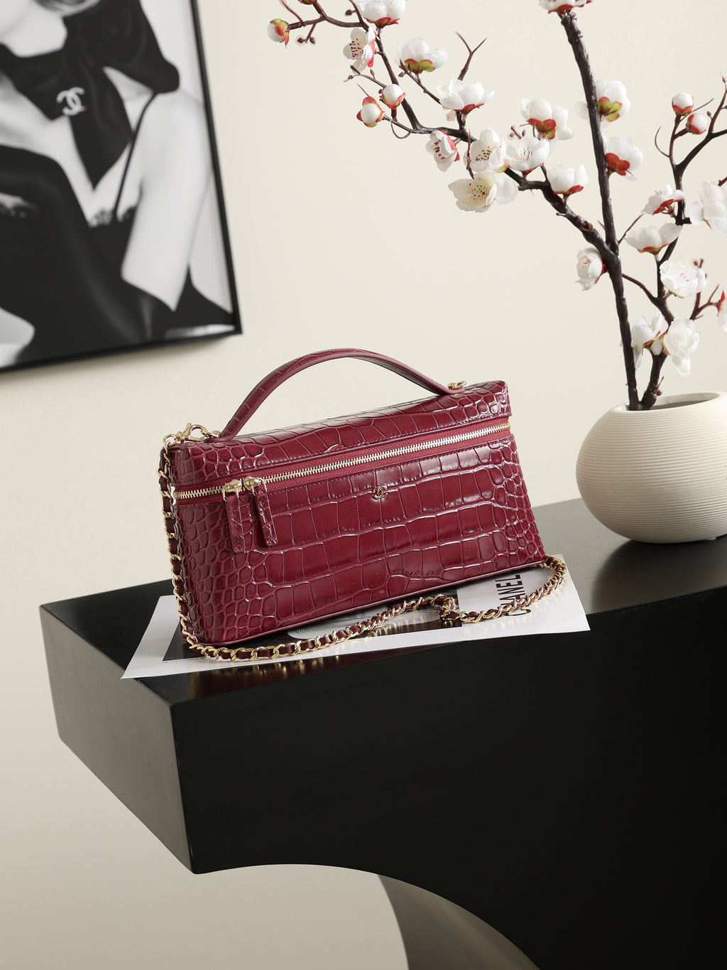 Burgundy Crocodile-Texture Handbag with Chain Strap - Right side view