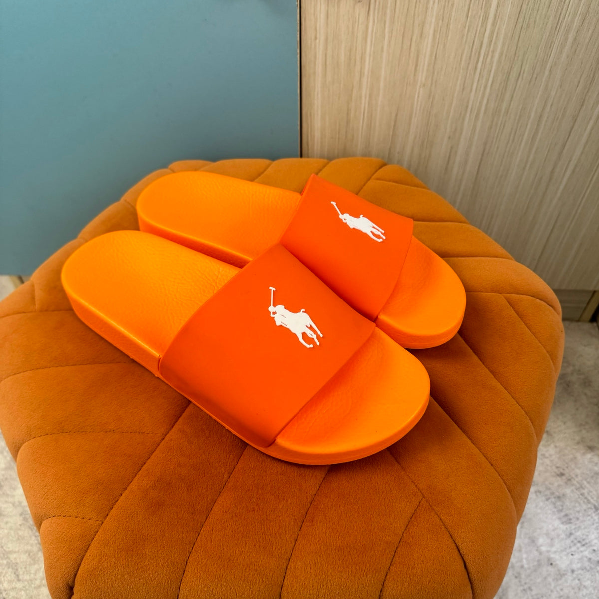 Orange Slide Sandals with White Strap - On-foot view