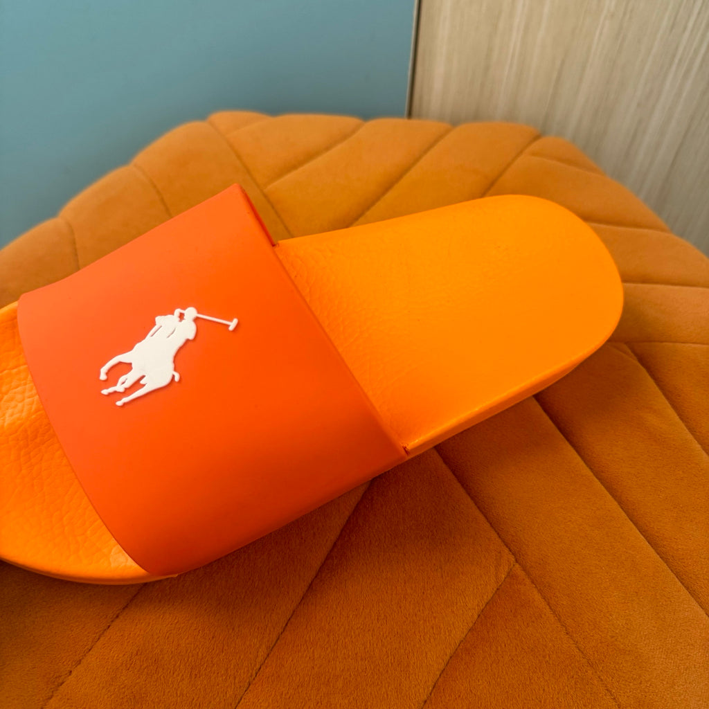 Orange Slide Sandals with White Strap - Right side view