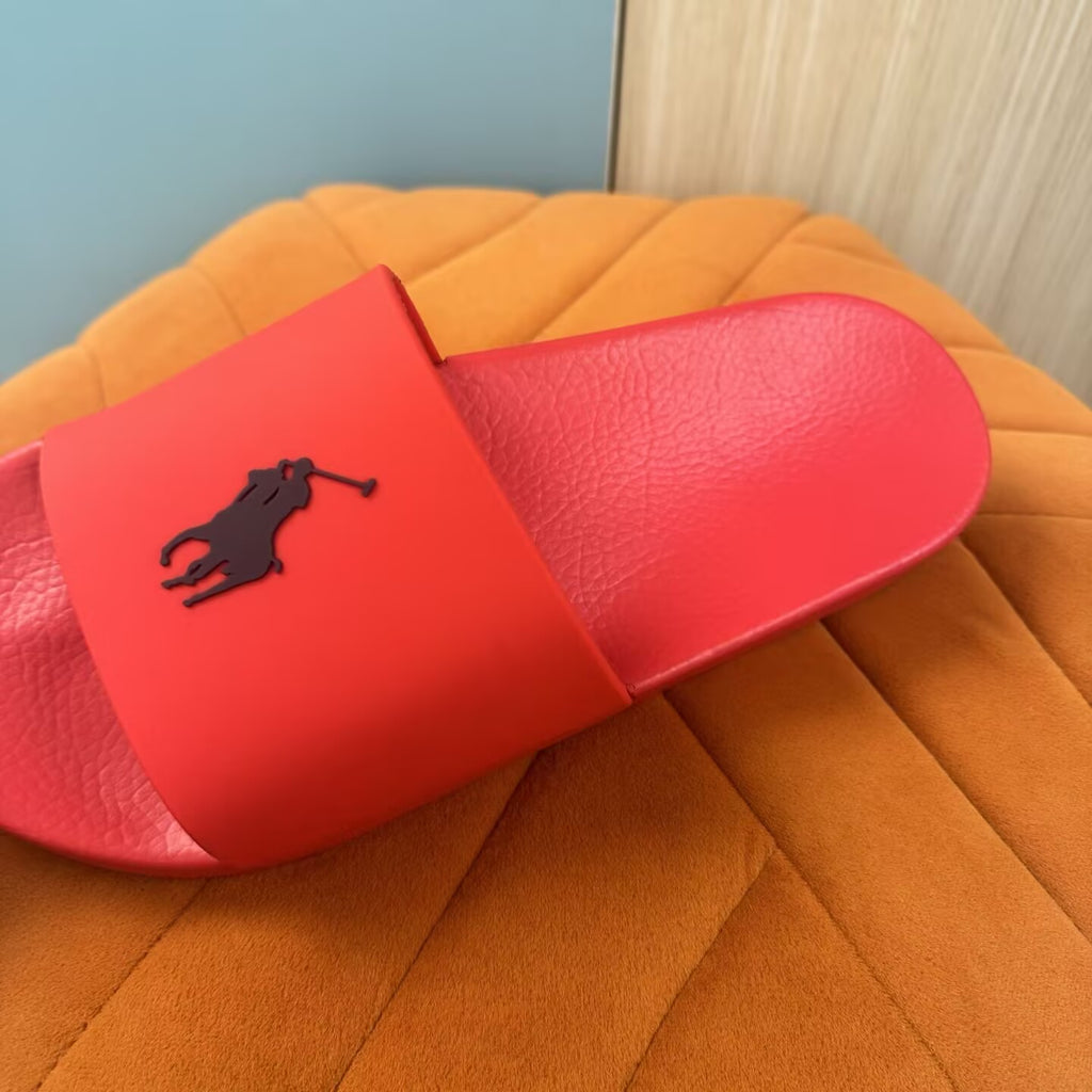 Red Slide Sandals with Embossed Logo - Back view