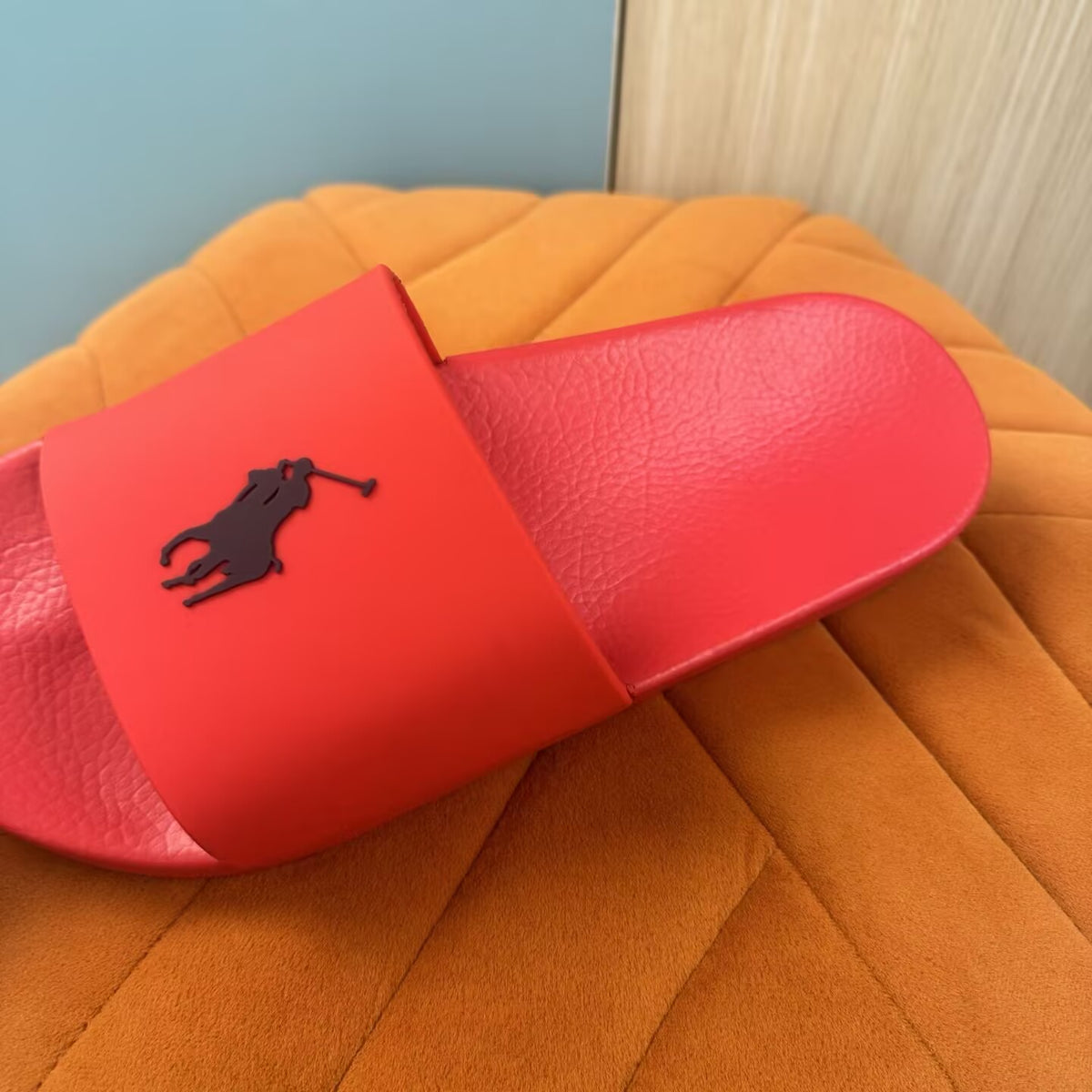 Red Slide Sandals with Embossed Logo - Back view