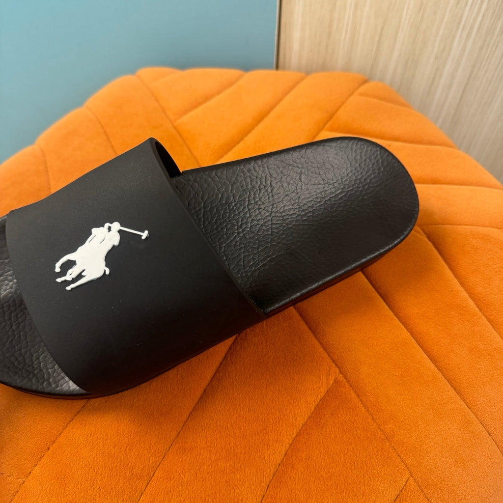 Black Slide Sandals with Textured Strap - Left side view