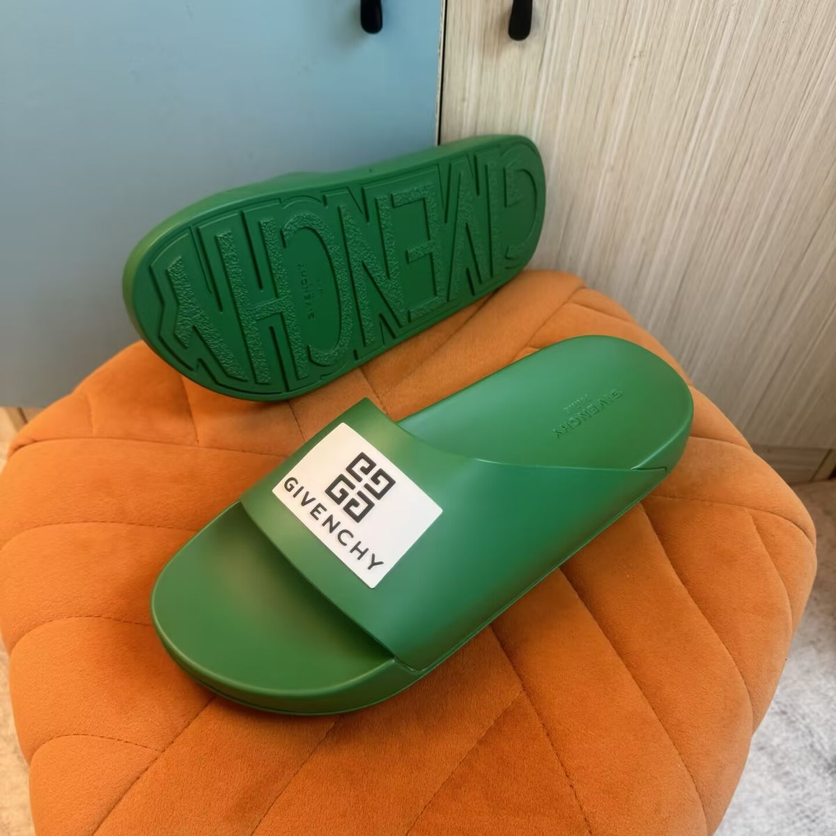 Green Slide Slippers with Brand Patch - Back view